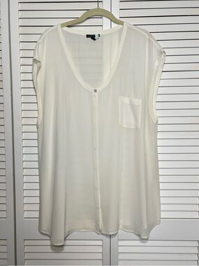 Eileen Fisher Blouse 100% Silk Chiffon Button Down Top Ivory Sleeveless Size XL